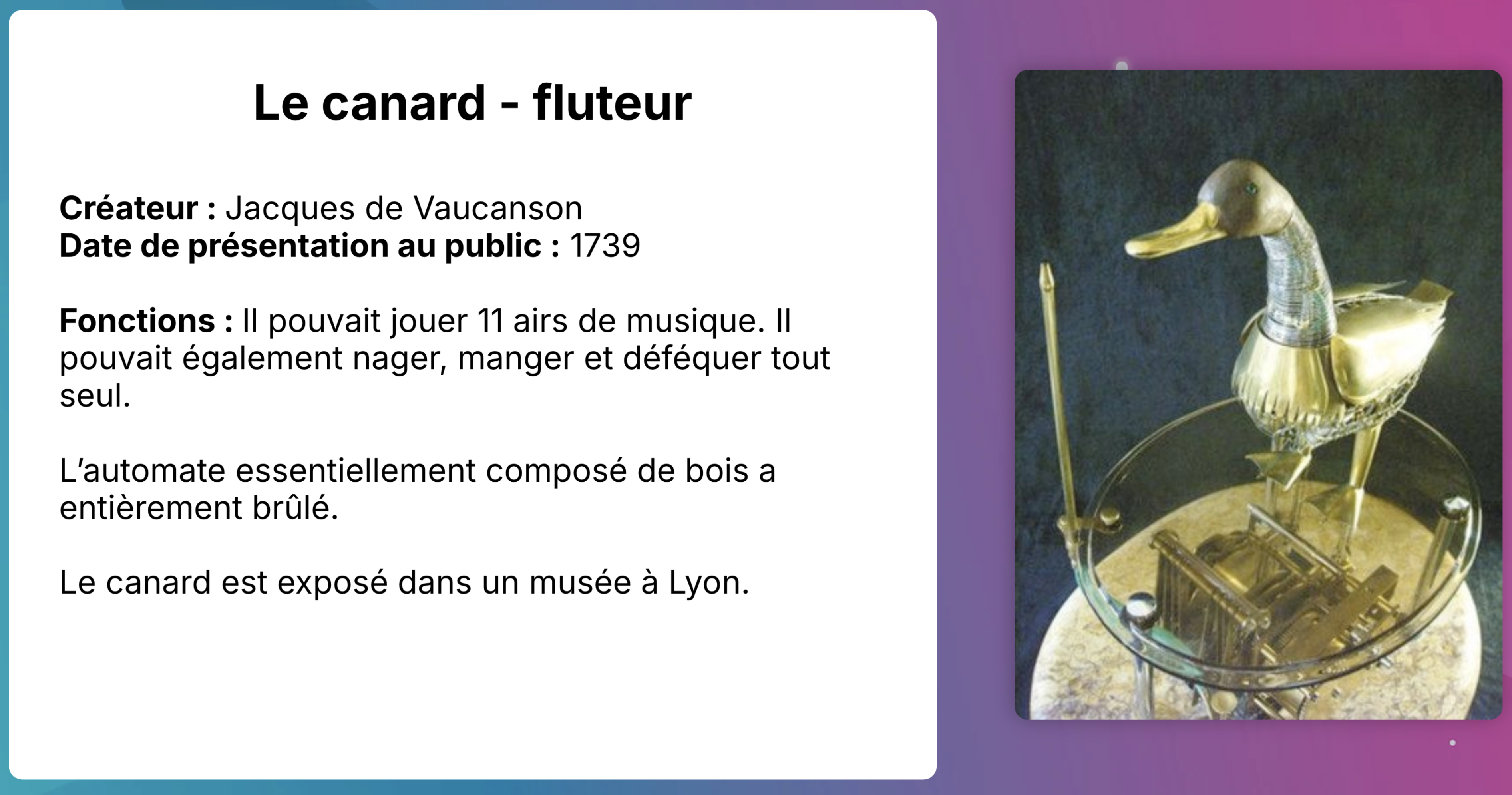 Diapositive modèle : le canard-fluteur de Vaucanson