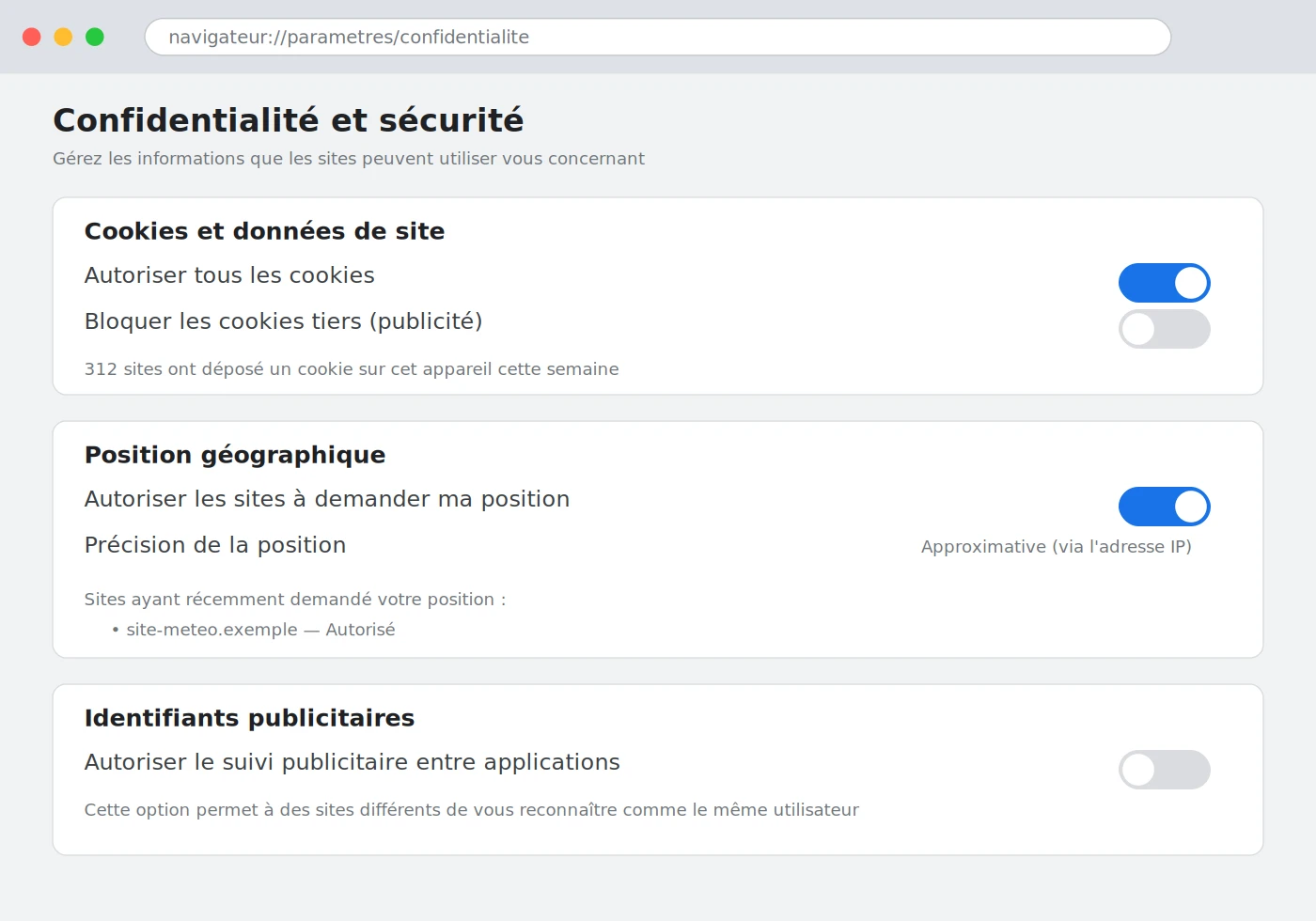 Interface de paramètres de confidentialité d'un navigateur : cookies et données de site, position géographique, identifiants publicitaires