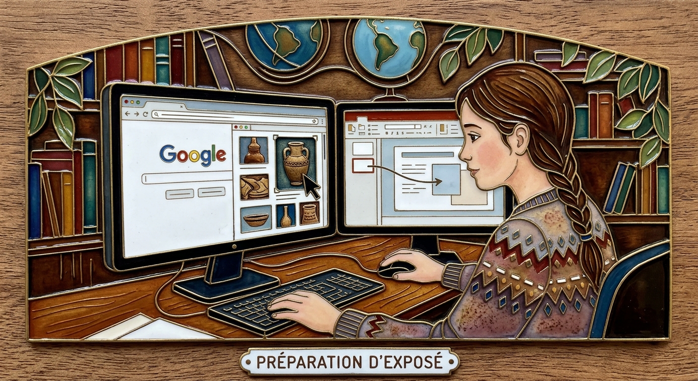 Illustration stylisée d'une élève qui recherche des images sur Google Images pour préparer un exposé