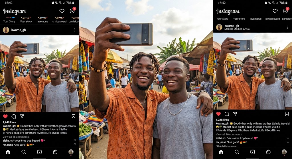 Publication Instagram montrant un selfie de deux personnes identifiables, avec likes et commentaires visibles